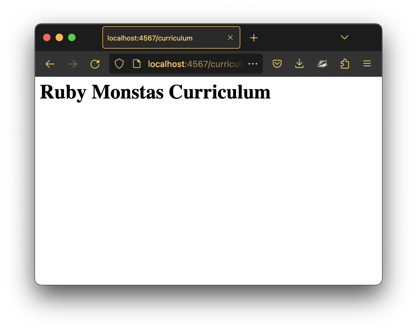 Screen shot of a browser window of the Sinatra application showing the title "Ruby Monstas Curriculum"