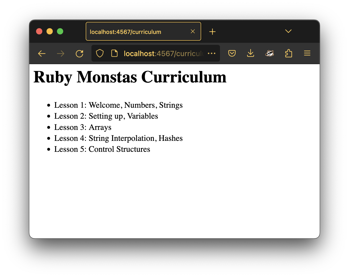 Screen shot of a browser window of the Sinatra application showing a list of curriculum entries