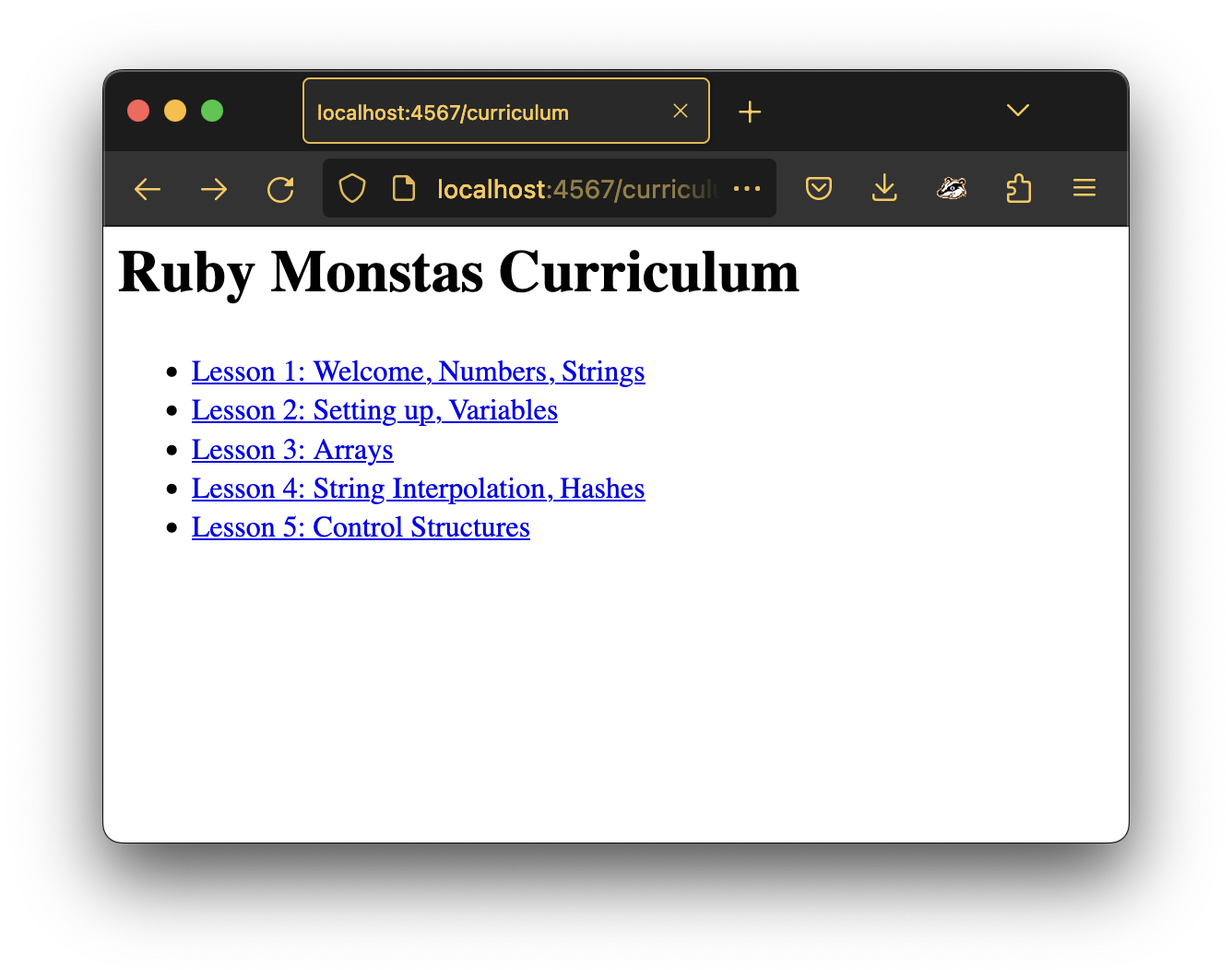Screen shot of a browser window of the Sinatra application showing the list of curriculum entries where each item is a link