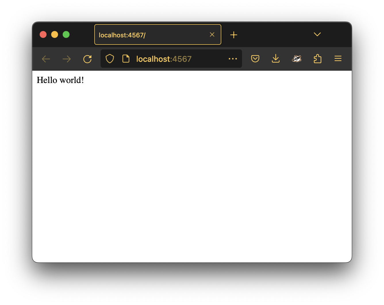 A browser window showing the text "Hello world!"
